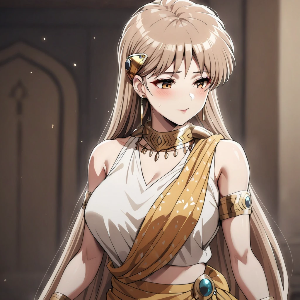 ((Highest quality)), ((masterpiece)), (detailed), （Perfect Face）、The woman is an Indian princess named Leona, with long light brown hair, a red dot on her forehead, and is dressed in a gorgeous Indian traditional outfit, including a gorgeous golden decorated sari.