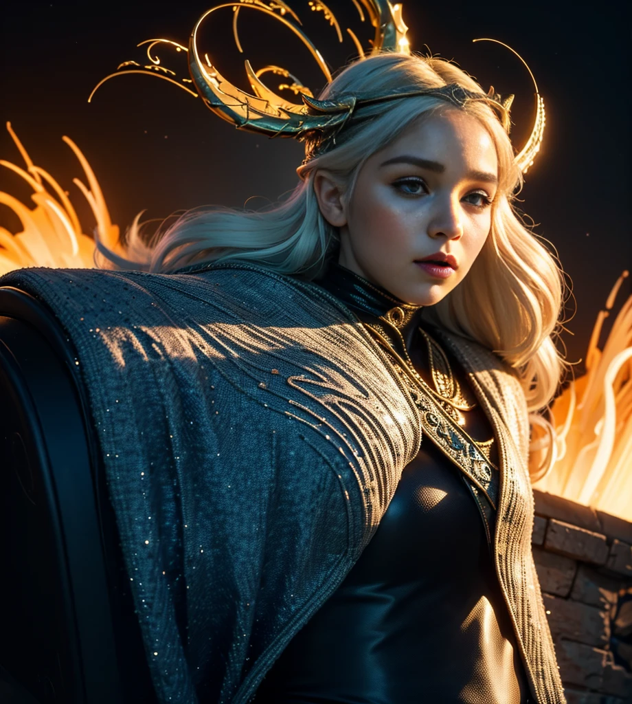 أنشئ صورة لـ Daenerys Targaryen المثيرة والجادة بجسم مذهل في سيناريو يمزج بين جماليات المستقبل والعصور الوسطى, مع قلعة عالية التقنية في الخلفية, ليلة, فن واقعي 4K, ليلة, البدر العملاق والأضواء الشمالية, تنين في الخلفية ينفث النار, دينيريس مع التعبير الجاد
