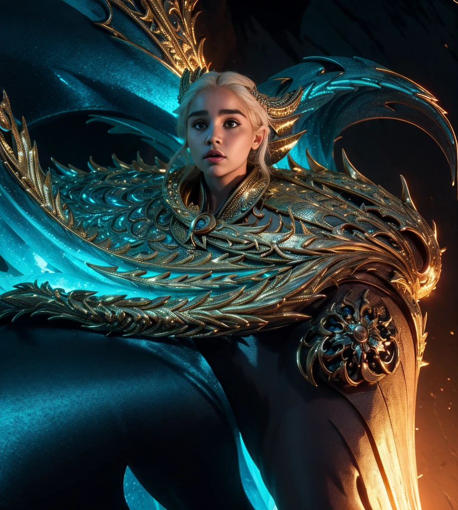 Erstellen Sie ein Bild einer sexy und ernsthaften Daenerys Targaryen mit einem spektakulären Körper in einem Szenario, das zukünftige und mittelalterliche Ästhetik vermischt, mit einem High-Tech-Schloss im Hintergrund, Nacht, Hyperrealistische 4K-Kunst, Nacht, riesiger Vollmond und Nordlichter, ein Drache im Hintergrund, der Feuer spuckt, Daenerys mit ernstem Gesichtsausdruck
