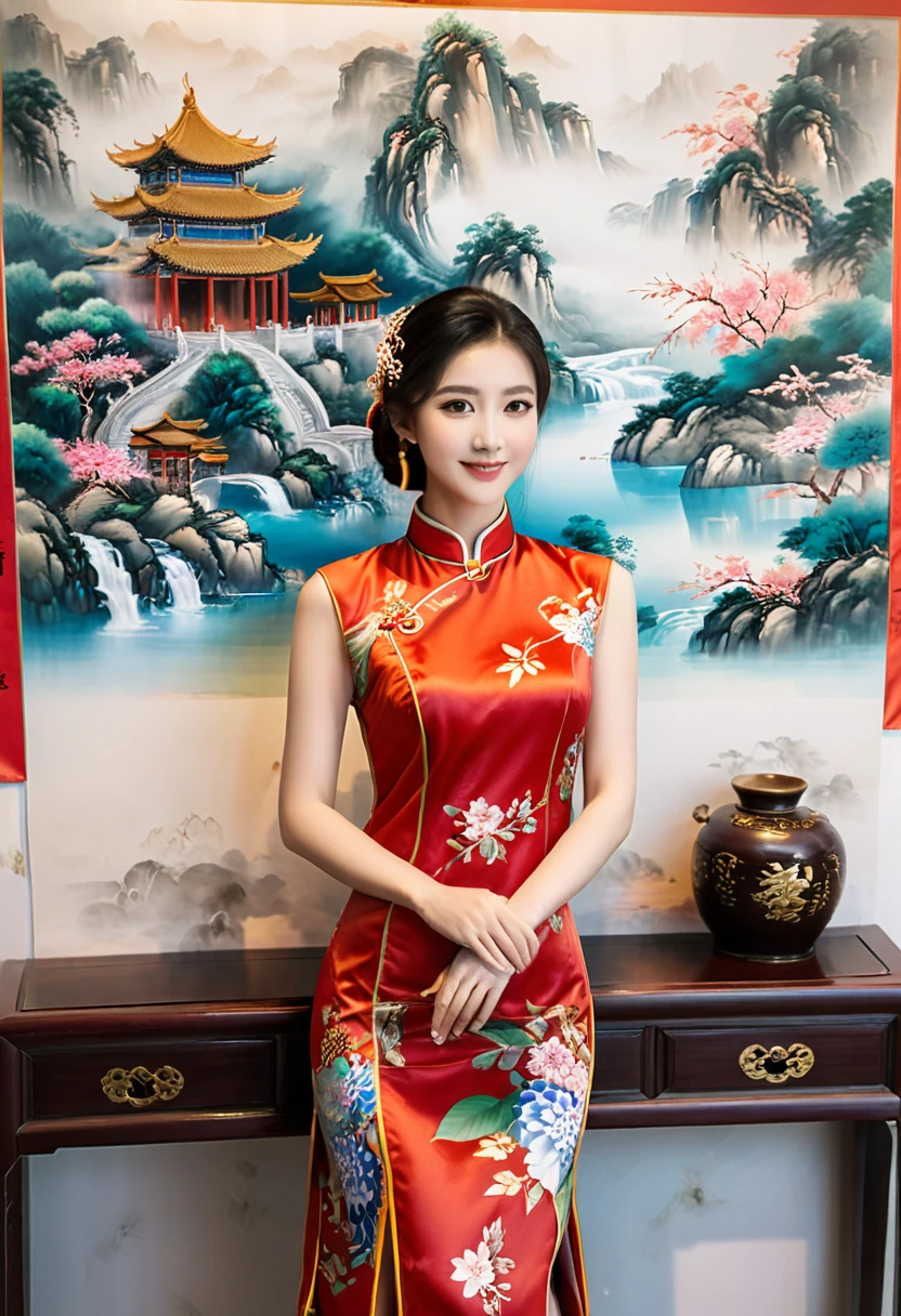 photography, with a girl wearing a qipao as a guide at an exhibition about Chinese culture. She elegantly introduces Chinese clothing culture with a smile on her face, which is very friendly. The background is the content of the exhibition, and close-up shots are taken, (masterpiece, best quality, Professional, perfect composition, very aesthetic, absurdres, ultra-detailed, intricate details:1.3)