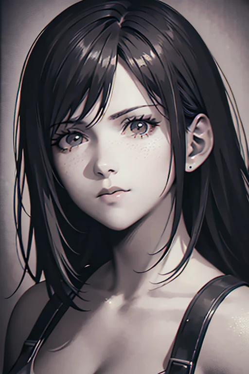 A girl in a mugshot, sketch, black and white, detailed features, cute, vintage style, high contrast lighting, expressive eyes, tousled hair. (best quality, highres, realistic:1.37), vintage, monochrome, intense gaze, dramatic lighting, rugged background, distressed paper texture, retro vibes, id photo, front view