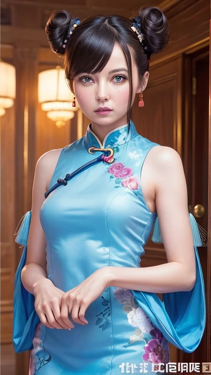 becky, (high quality, High resolution:1.2), (Realistic:1.4), (1 Girl:1), Traditional Chinese Dresses,  (Charming monkey:1), (((Double Buns))), Refer your audience, Lesbians all over, palace, corridor, ((Fringe cover)), Blunt bangs, Small breasts