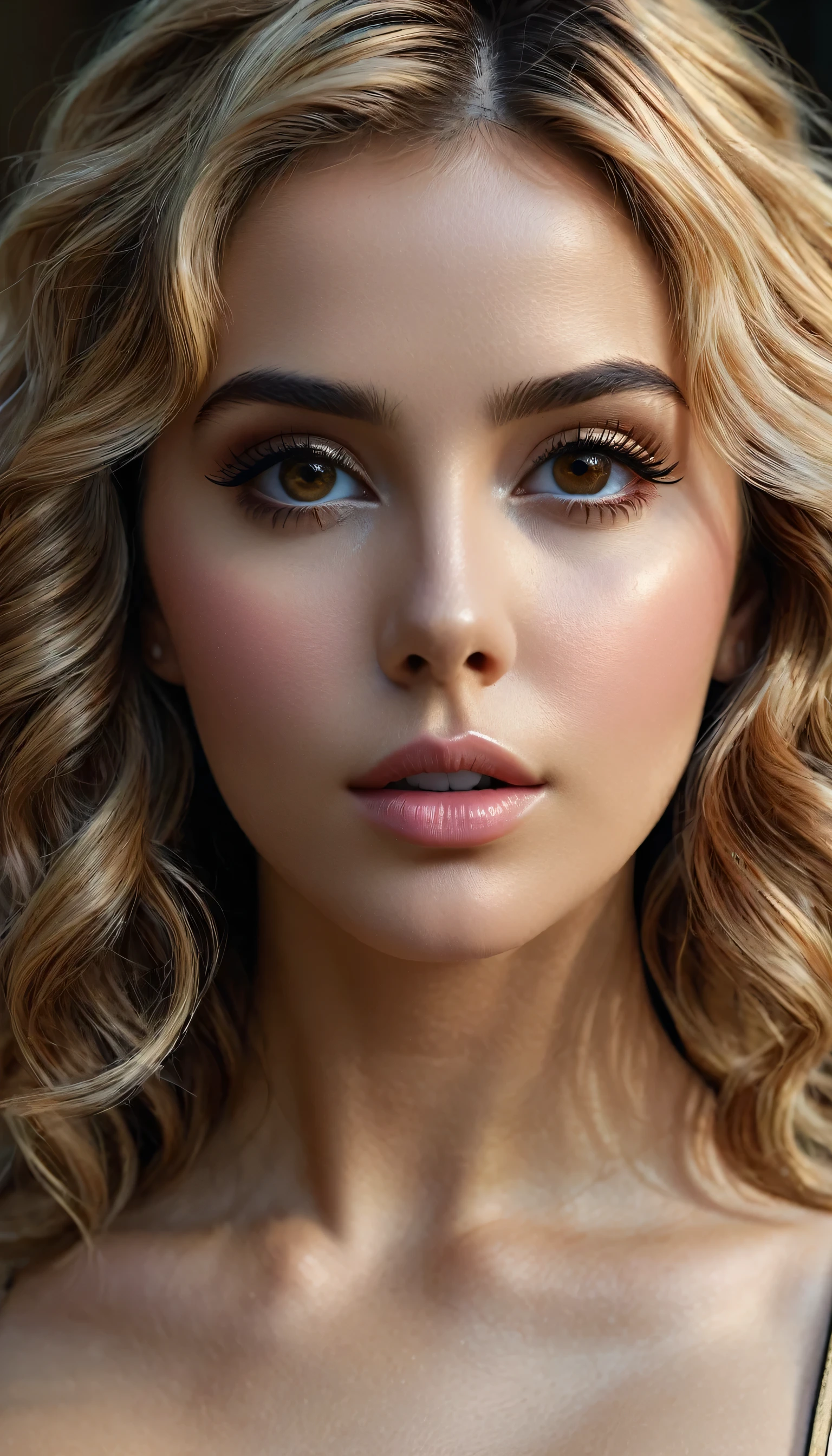 photorealistic Realism 8K, 16K Quality, (ultra absurd quality, extremely detailed detail, hyper resolution, clear sharp focus, not blurry, (perfect round, Realistic brown eyes)), ((perfect dark_eyeshadows)), (super Detailed, beautiful little nose), (perfect composition), Depth of field, cinematic light, Lens flare, (extremely beautiful face, beautiful lips), Intricate detail face, best high quality real texture skin, (A woman with velvety skin), ((best high quality real texture hair)), (short blonde hair, (wavy, combed up, behind the ear), extremely detailed)), photo of the most beautiful artwork in the world, professional majestic (photography by Steve McCurry), 8k uhd, dslr, soft lighting, high quality, Fujifilm XT3 sharp focus, f 5.6, dramatic, (Anatomically correct perfect proportions), ((perfect hands:1.2)), ((perfect female body:1.4)), cute girl, ((firm and full breasts)), ((super beautiful cute sharp-face)), (light pale complexion), transparent color pvc ((full-body shiny latex, full colors Brightly outfit, holograph tight latex:1.24)), (((close to her face:1.33)))