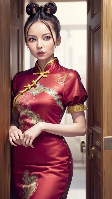 Becky, (alta qualidade, Alta resolução:1.2), (realista:1.4), (1 garota:1), Vestidos tradicionais chineses,  (macaco encantador:1), (((pães duplos))), Indique seu público, Lésbicas por toda parte, Palácio, corredor, ((Capa de franja)), seios pequenos