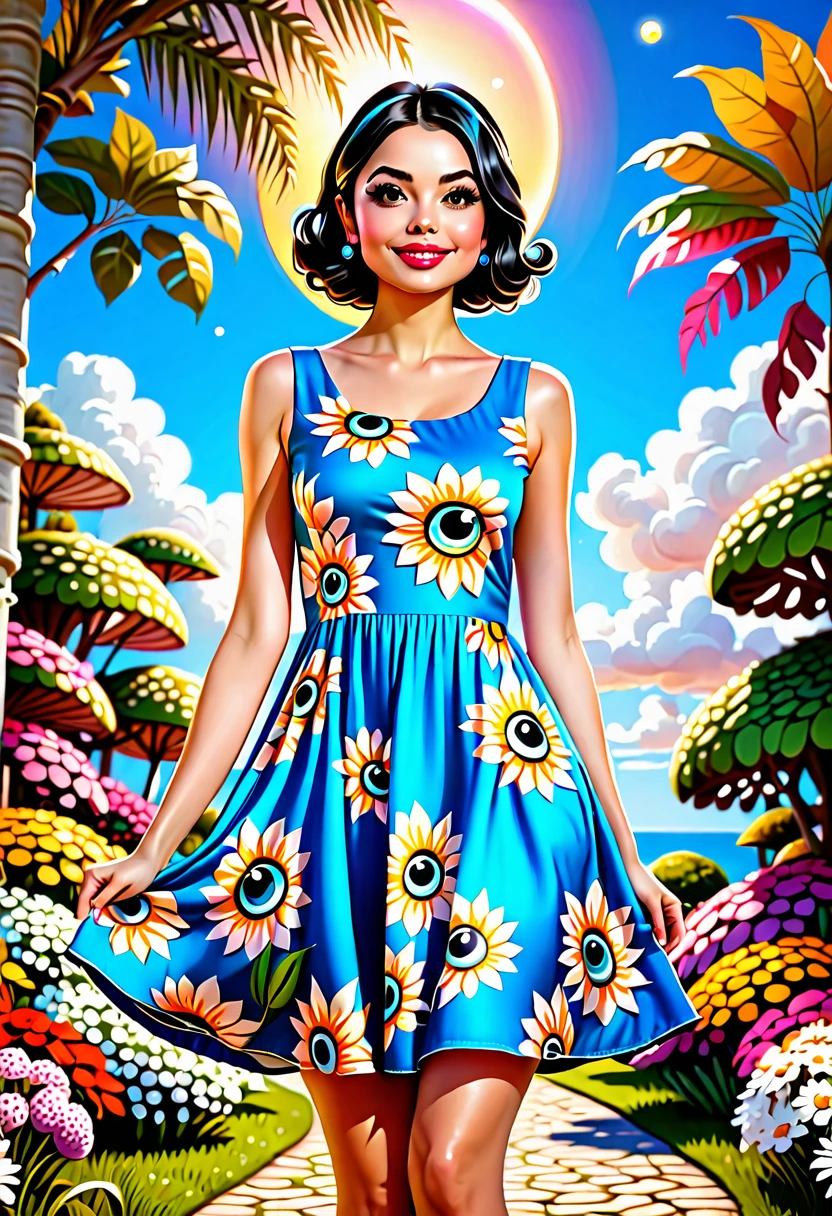 Adorable, Woman,big-eyed woman, round face. promenent lips. Smileing,In the garden,Her hands are behind her...., , large ass, wearing a cute sun dress. Picture from the side,looking at the scenes, intense colors, Very valuable details, complex details, volumetric lighting, digital art, 8k, trending on Artstation, Clear focus, complex details, highly detail, Greg Rutkowski Big Eyes, high-resolution, Black hair. Miranda Cosgrove
