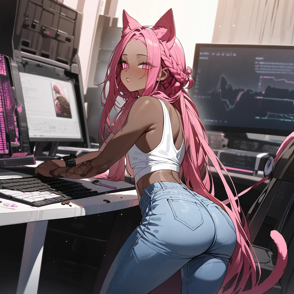 Best quality, highly detailed, ultra detailed, 1 very Dark brown skin boy, chocolate skin, flat chest, male chest, curvy body, long dreadlocks, pink dreadlocks, pink eyes, cat ears, lipgloss, wearing white croptop, denim mom jeans, booty, computer setup background 
