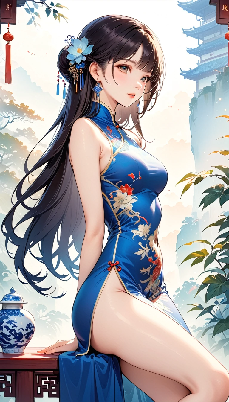 1 girl，On Cheongsam,Anatomically correct, Long hair，Blue and white porcelain，Exquisite pattern，Oriental elements，Ink painting style, Clean colors,White background, Soft lighting, ( Bokeh)，masterpiece, Very detailed, Epic Composition, best quality, 4K，