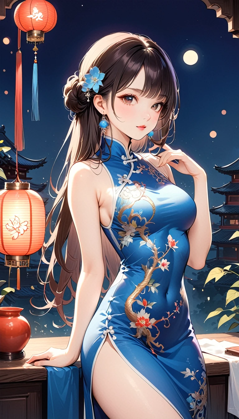 1 girl，On Cheongsam,Anatomically correct, Long hair，Blue and white porcelain，Exquisite pattern，Oriental elements，Ink painting style, Clean colors,White background, Soft lighting, ( Bokeh)，masterpiece, Very detailed, Epic Composition, best quality, 4K，