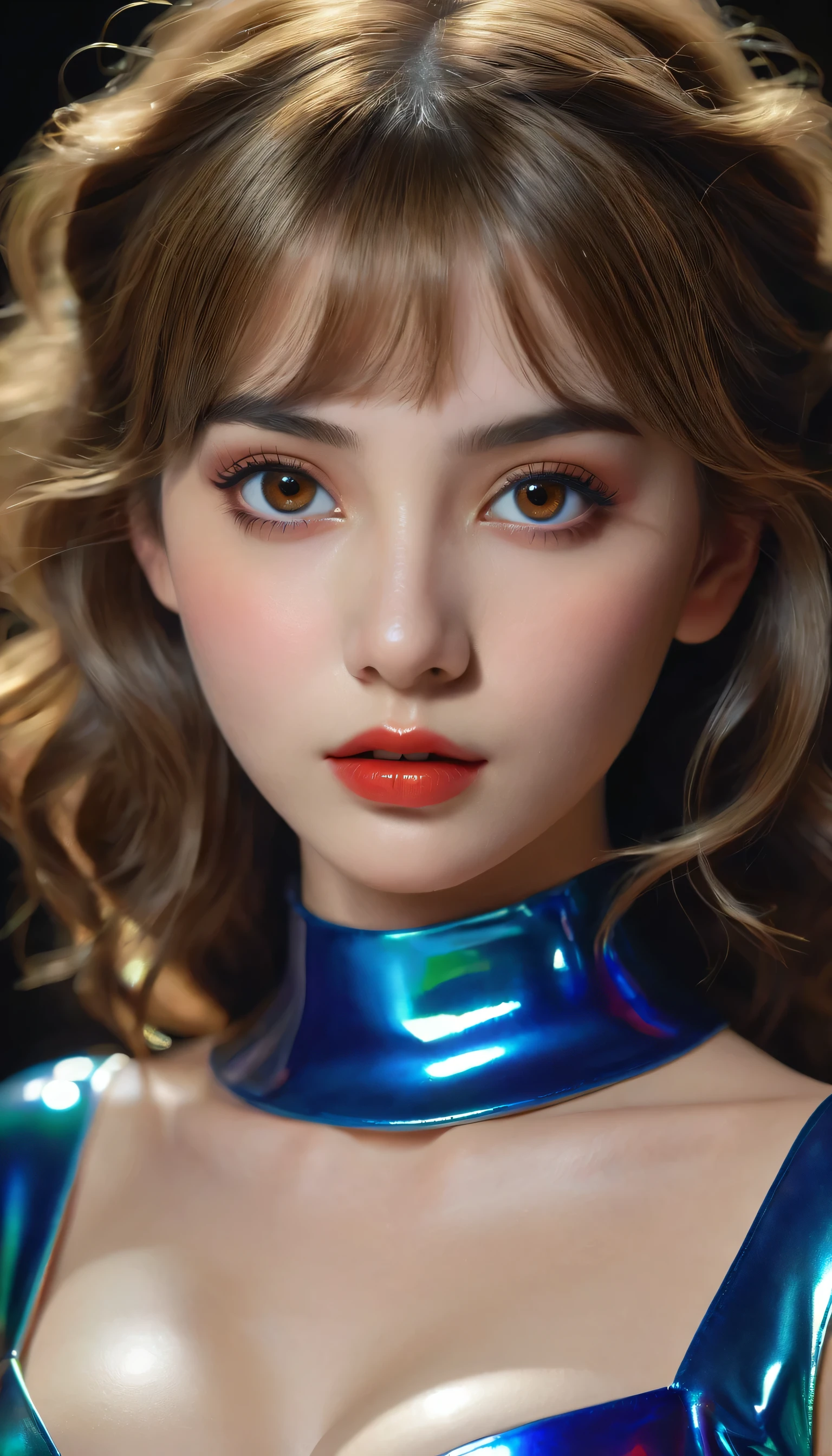 photorealistic Realism 8K, 16K Quality, (ultra absurd quality, extremely detailed detail, hyper resolution, clear sharp focus, not blurry, (perfect round, Realistic brown eyes)), ((perfect dark_eyeshadows)), (super Detailed, beautiful little nose), (perfect composition), Depth of field, cinematic light, Lens flare, (extremely beautiful face, beautiful lips), pink_makeup:1.22, long_blue_eyeliner:1.28, red_lipstick:1.35,(perfect dark_eyeshadows:1.45), (super detailed professional makeup on eyes:1.3), (Detailed nose:1.2), Intricate detail face, best high quality real texture skin, (A woman with velvety skin), ((best high quality real texture hair)), (short blonde hair, (wavy, combed up, behind the ear), extremely detailed)), photo of the most beautiful artwork in the world, professional majestic (photography by Steve McCurry), 8k uhd, dslr, soft lighting, high quality, Fujifilm XT3 sharp focus, f 5.6, dramatic, (Anatomically correct perfect proportions), ((perfect hands:1.2)), ((perfect female body:1.4)), cute girl, ((firm and full breasts)), ((super beautiful cute sharp-face)), (light pale complexion), transparent color pvc ((full-body shiny latex, full colors Brightly outfit, holograph tight latex:1.24)), ((zoom out the camera:1.3))