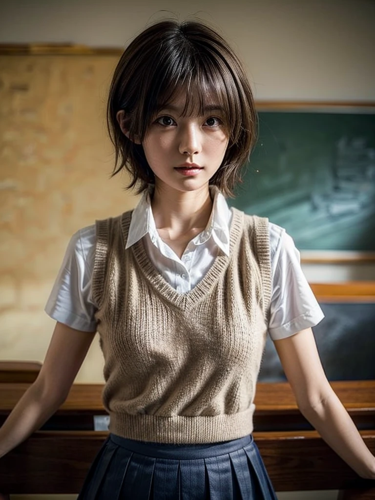 Masterpiece, Top Quality, Top Mikoto, brown eyes, short hair, small breasts, looking at viewer, alone, closed mouth, collared shirt, beige knit vest, dark blue  Skirt, school_uniform, shirt, white_shirt, classroom,Masterpiece, highest quality, 8K, detailed skin texture, fine cloth texture, beautiful detailed face, intricate details, super detailed,cute,cute posing,composition that shows the whole body,