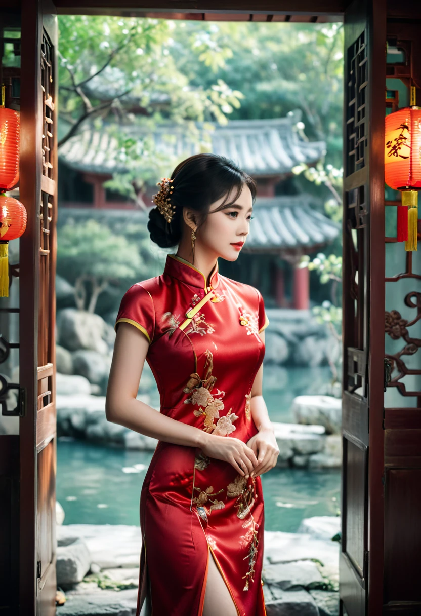 Cheongsam. cinematic still, emotional, vignette, 4k epic detailed, shot on kodak, 35mm photo, sharp focus, high budget, cinemascope, gorgeous, film grain, grainy, bright colors, highly detailed, intricate, cinematic light, elegant, confident, rich, background composed, vivid, very coherent, shiny, excellent composition, dynamic, ambient dramatic color, stunning, (masterpiece, best quality, Professional, perfect composition, very aesthetic, absurdres, ultra-detailed, intricate details:1.3)