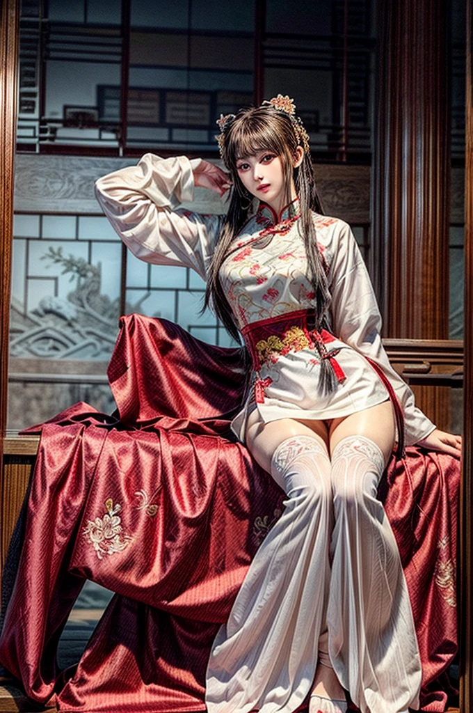 (Meisterwerk, beste Qualität), 1 schönes Mädchen,. Kreieren Sie ein hochdetailliertes und elegantes Cheongsam (Qipao) Design. Das Kleid sollte eine aufwendige Blumenstickerei aufweisen, Traditionelle chinesische Muster, und einem hohen Kragen. Der Stoff sollte seidig und glänzend sein, mit einem reichen, tiefrote Farbe, die Glück symbolisiert. Fügen Sie goldene Akzente und Verzierungen hinzu, um das luxuriöse Gefühl zu verstärken. Das Cheongsam sollte figurbetont sein, betont die Figur der Trägerin anmutig, mit Seitenschlitzen für mehr Bewegungsfreiheit. Mit zarten Knöpfen an der Seite und einem insgesamt raffinierten, Zeitloser Look. Tempel-Hintergrund, Ganzkörper, weiße Oberschenkelstrümpfe