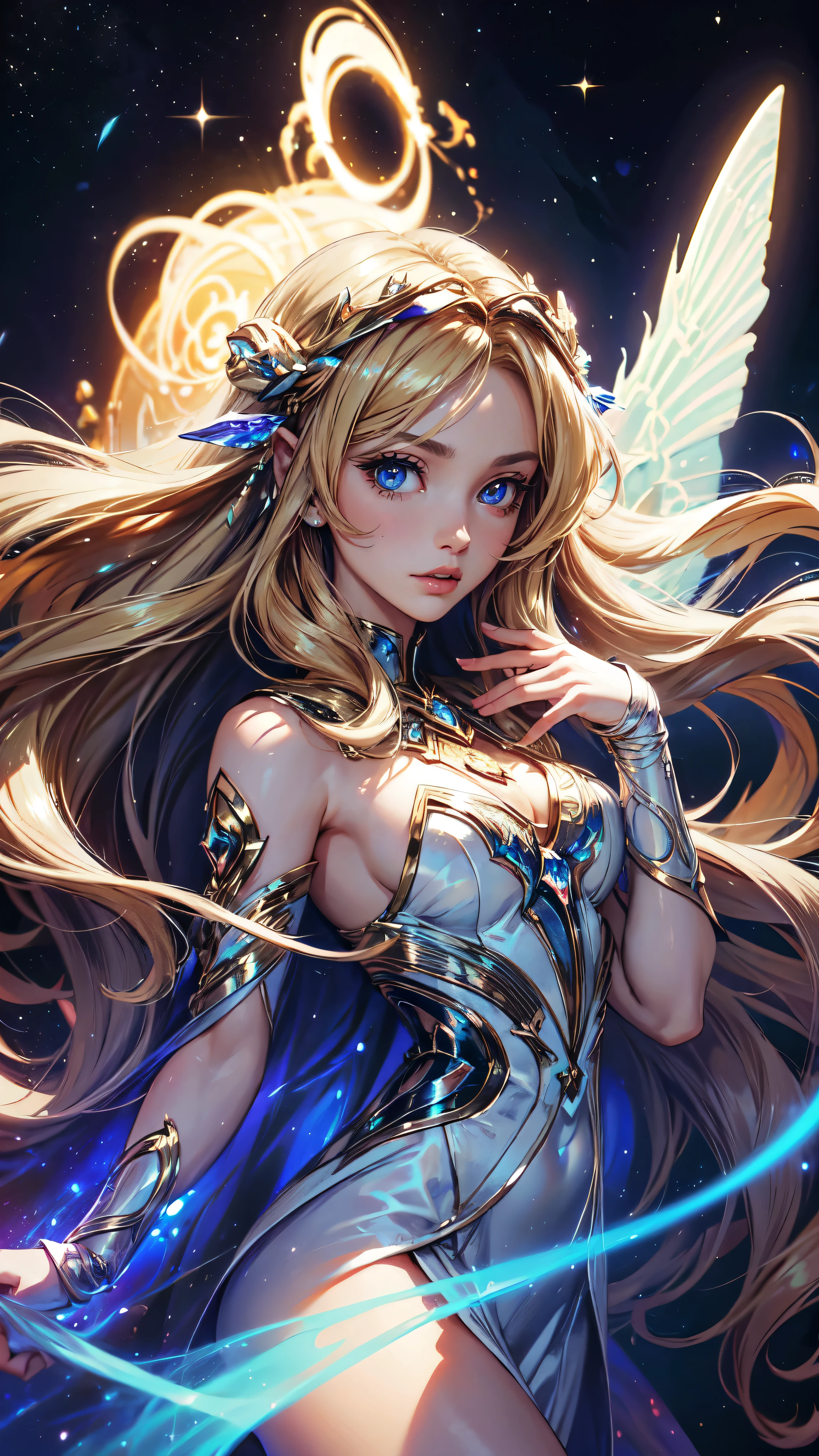A woman with long hair and a flowing dress stands in the darkness, Blonde girl in cosmic dress, Amazing young ethereal figure, cosmic goddess, Astral appearance, galaxy goddess, Space Girl, Astral Fairy, Divine cosmic feminine power, Cosmic hair anime girl, goddess of space and time, Channeling rotational energy, A glowing halo surrounds her，Light，cleanness，Reflective，refractions，Ray traching，super-fine，Hyper-realistic，best quality,detailed hands, detailed eyes, detailed face,colors,
