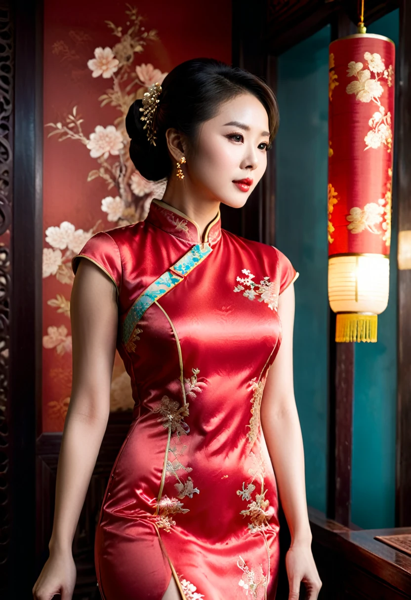 Cheongsam. filmisches Standbild, emotional, vignette, 4k episch detailliert, gedreht mit Kodak, 35mm Foto, scharfer Fokus, Hohes Budget, Cinemascope, wunderschön, Filmkorn, körnig, helle Farben, sehr detailliert, kompliziert, filmisches Licht, elegant, zuversichtlich, rich, Hintergrund zusammengesetzt, lebendig, sehr stimmig, glänzend, hervorragende Komposition, dynamisch, Umgebungsfarbe mit dramatischer Farbe, Atemberaubend, (Meisterwerk, beste Qualität, Fachmann, perfekte Komposition, sehr ästhetisch, absurdesten, ultra-detailliert, kompliziert details:1.3)