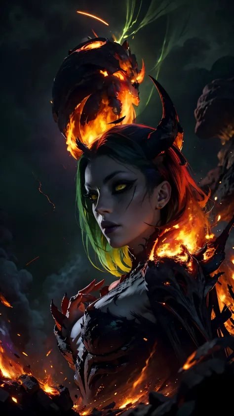 High view, high angle of camera, A beautiful and sexy queen of hell, anime style. walking through a dark, rotten and burnt Hades...