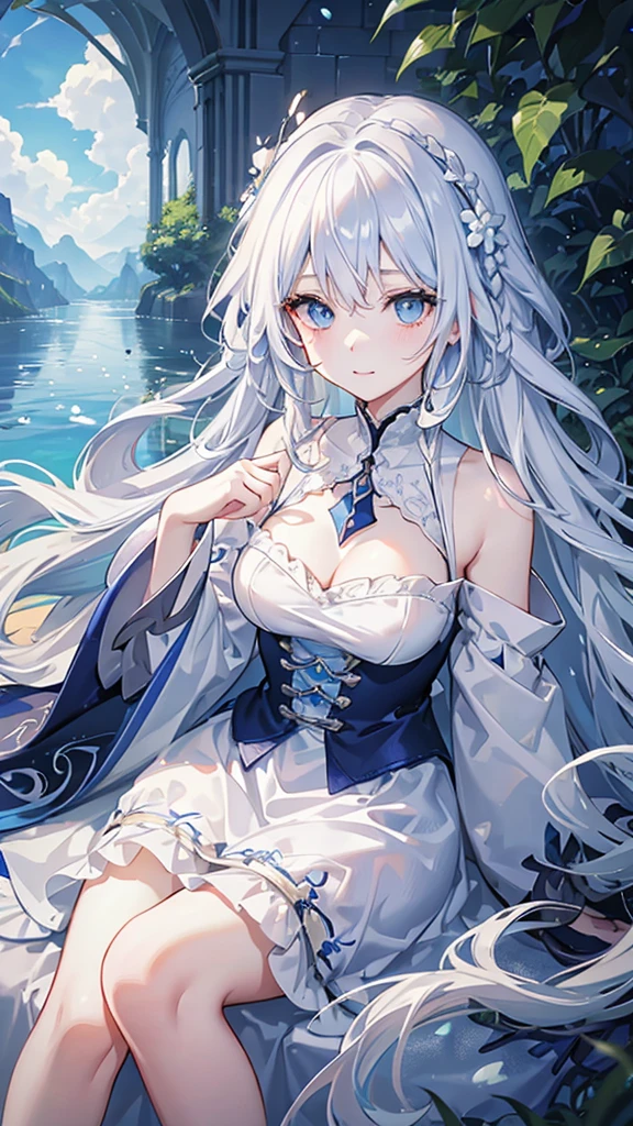 White hair and blue eyes、adult、Long, fluffy wavy hair、Braiding、Wearing hair ornaments、Princess、White Hand、Wearing a lace dress、Being in the water、Fantasy