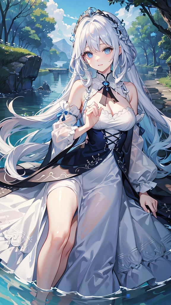 White hair and blue eyes、adult、Long, fluffy wavy hair、Braiding、Wearing hair ornaments、Princess、White Hand、Wearing a lace dress、Being in the water、Fantasy