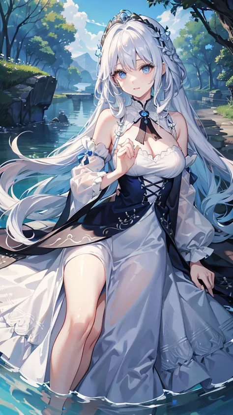 White hair and blue eyes、adult、Long, fluffy wavy hair、Braiding、Wearing hair ornaments、Princess、White Hand、Wearing a lace dress、B...