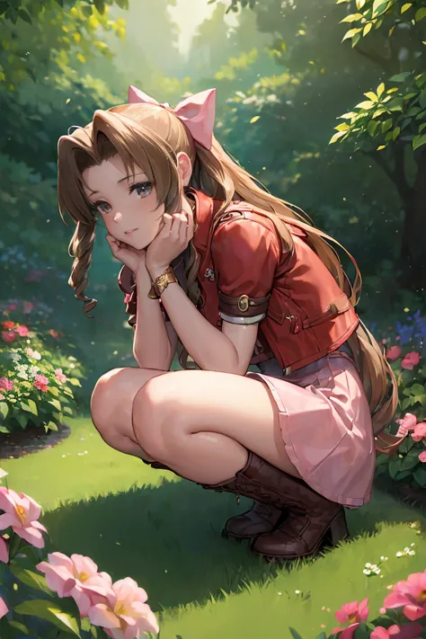 (masterpiece:2.0), solo, ((((aerith gainsborough, red cropped jacket, hair bow, bracelet, pink dress, brown boots)))), , from_si...