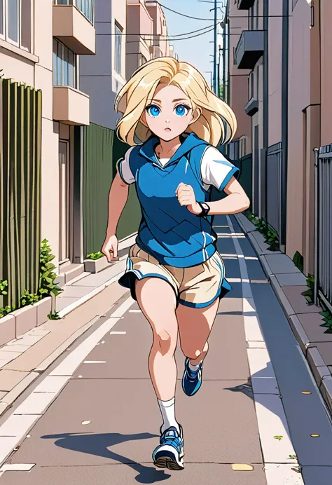 a girl of 25 with blond hair and gray-blue eyes, dressed in a sports suit of beige color is running along the sidewalk of the ci...