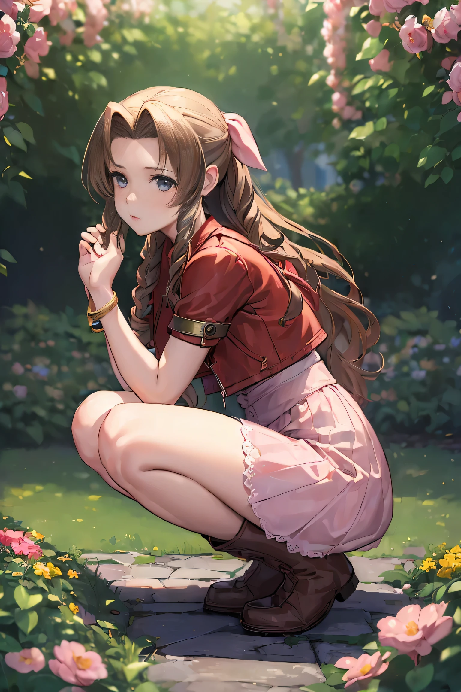 (masterpiece:2.0), solo, ((((aerith gainsborough, red cropped jacket, hair bow, bracelet, pink dress, brown boots)))), , from_side, cowboy shot, squatting with knees close together,flower , (finely detailed:1.7), (beautiful and clear background), ((outdoors, A beautiful garden bursting with flowers of various colors)) , (shiny_skin:1.3), nice hands, perfect hands, smile, , extremely and best quality, extremely and ultra detailed, beautiful detailed eyes, Very detailed CG unified 8k wallpaper, extremely detailed CG unity 8k wallpaper, extremely detailed CG unity 8k, extremely delicate and beautiful girl, ultra-detailed, (perfect anatomy), (high detail), (high quality), (high resolution), (beautiful detailed face), (ultra detaild background), beautiful and clear background,aerith gainsborough