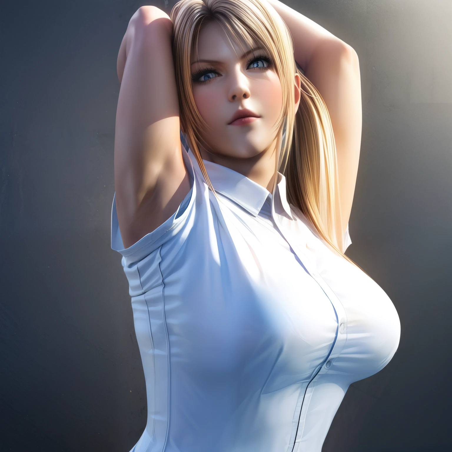 Sarah, very long hair, (white shirt:1.6), (both arms up:1.3), ((medium breasts:1.3)), high ponytail, (armpits exposed:1.3), (wide face:1.6), BREAK masterpiece, 1 girl, RAW photo, (best quality:1.2), extremely delicate beautiful, very detailed, 2k wallpaper, amazing, fine details, extremely detailed CG Unity 8k wallpaper, super detailed, high resolution, (beautiful detailed girl:1.2), perfect anatomy), (Realistic, Photorealistic:1.0), (thin nose:1.2)