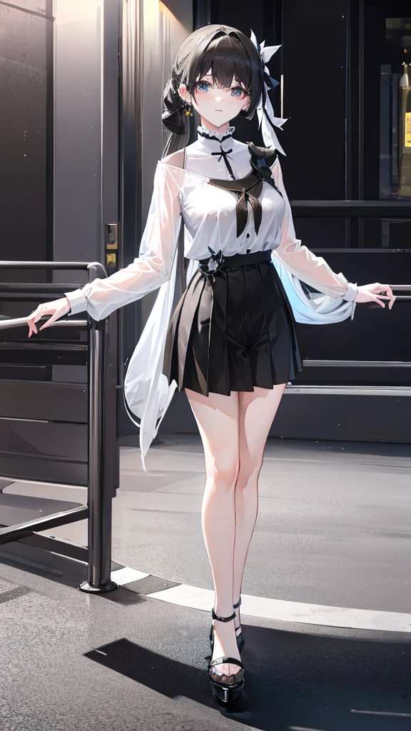 A neat high ponytail，Wearing a pleated skirt JK，White shirt and black high heels。This combination makes the graceful curves of adults，Black jumpsuit