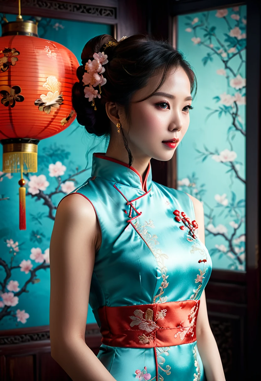 Cheongsam. cinematic still, emotional, vignette, 4k epic detailed, shot on kodak, 35mm photo, sharp focus, high budget, cinemascope, gorgeous, film grain, grainy, bright colors, highly detailed, intricate, cinematic light, elegant, confident, rich, background composed, vivid, very coherent, shiny, excellent composition, dynamic, ambient dramatic color, stunning, (masterpiece, best quality, Professional, perfect composition, very aesthetic, absurdres, ultra-detailed, intricate details:1.3)