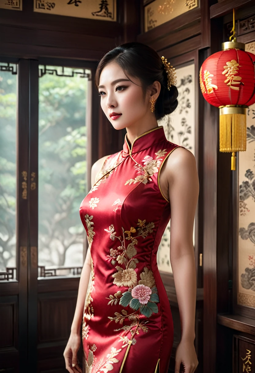 Cheongsam. cinematic still, emotional, vignette, 4k epic detailed, shot on kodak, 35mm photo, sharp focus, high budget, cinemascope, gorgeous, film grain, grainy, bright colors, highly detailed, intricate, cinematic light, elegant, confident, rich, background composed, vivid, very coherent, shiny, excellent composition, dynamic, ambient dramatic color, stunning, (masterpiece, best quality, Professional, perfect composition, very aesthetic, absurdres, ultra-detailed, intricate details:1.3)