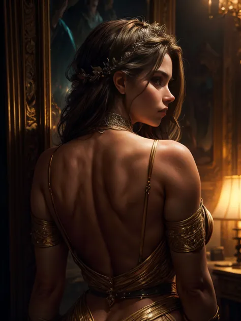 In the foreground is Delilah, a seductive woman with an enigmatic and treacherous look, a full-length image from the back lookin...