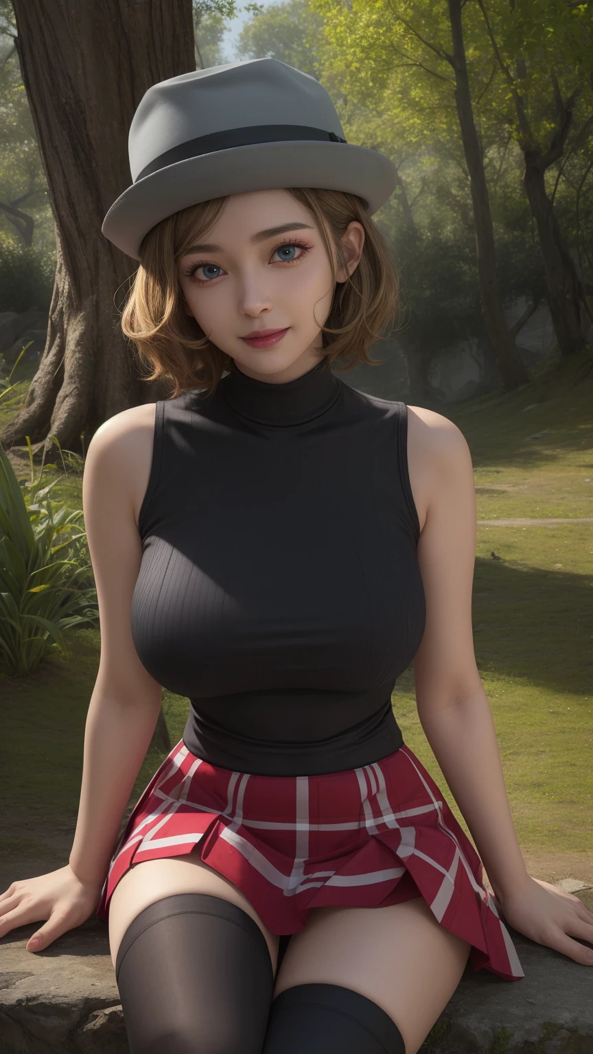 Nsfw, pkmnserena, full body, Burst, 1girl, solo, mature girl, blue eyes, blonde hair, short hair, bangs, hat, grey headwear,
black shirt, turtleneck, sleeveless, red skirt, pleated skirt, black thighhighs, big breast, 
smile,closed mouth,cowboy shot,sitting,
forest,outdoor,
(insanely detailed, beautiful detailed face, masterpiece, best quality) cinematic lighting,