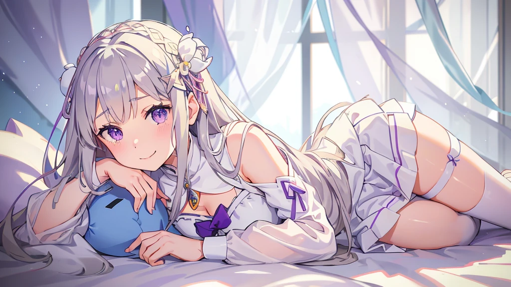 realisti、a girl、 Emilia Li:zero、Crown blade、Flower hair accessories、×Haarschmuck、grey hair、Long hair、purple eyes、Fantasies、Ice magic effect、Enlightenment、Piece flies、smile、mini skirt、white knee socks、