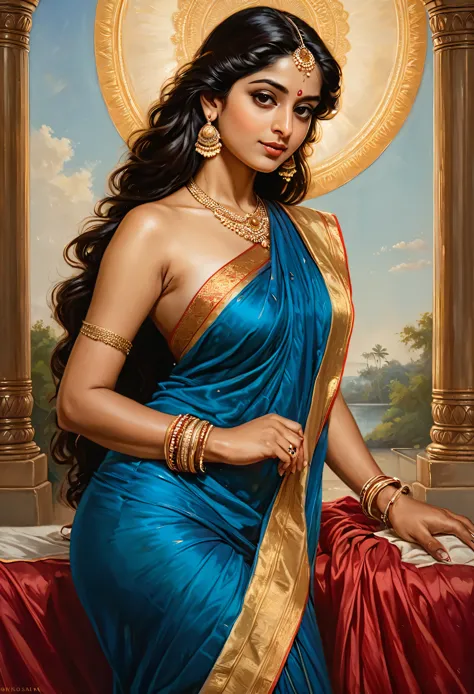 Masterpiece, painting of a woman in a blue dress with a red top and gold jewelry, inspired by Raja Ravi Varma, portrait of a bea...