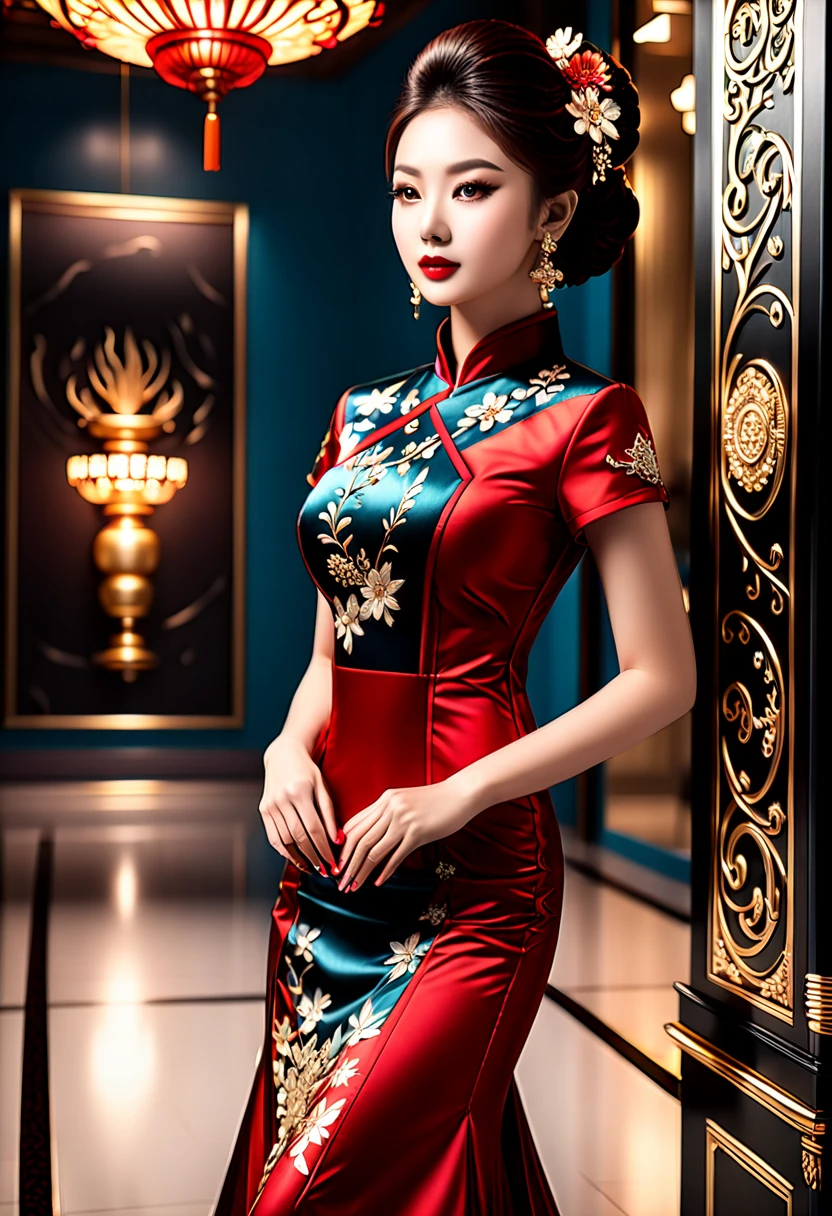 Cheongsam. cinematic still, emotional, vignette, 4k epic detailed, shot on kodak, 35mm photo, sharp focus, high budget, cinemascope, gorgeous, film grain, grainy, bright colors, highly detailed, intricate, cinematic light, elegant, confident, rich, background composed, vivid, very coherent, shiny, excellent composition, dynamic, ambient dramatic color, stunning, (masterpiece, best quality, Professional, perfect composition, very aesthetic, absurdres, ultra-detailed, intricate details:1.3)