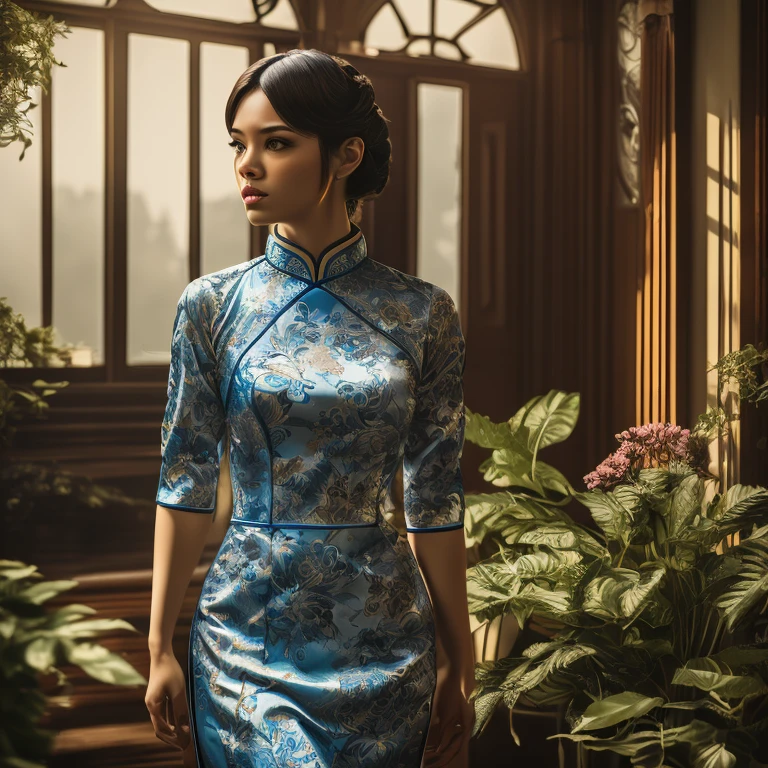 Cheongsam. cinematic still, emotional, vignette, 4k epic detailed, shot on kodak, 35mm photo, sharp focus, high budget, cinemascope, gorgeous, film grain, grainy, bright colors, highly detailed, intricate, cinematic light, elegant, confident, rich, background composed, vivid, very coherent, shiny, excellent composition, dynamic, ambient dramatic color, stunning, (masterpiece, best quality, Professional, perfect composition, very aesthetic, absurdres, ultra-detailed, intricate details:1.3)