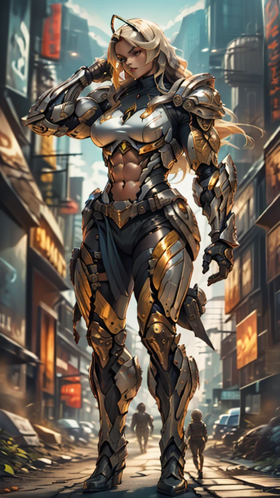 score_9, score_8_up, score_7_up, score_6_up, score_5_up, score_4_up, (1girl), solo, insect-like antennae, medium breasts, athletic, view of full body, alien armor, beautiful, female, long hair, vector, cute, natural light, long blonde hair, muscular, dual holstered revolvers