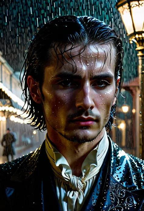 a handsome gothic man stands alone in the rain at night in a dynamic pose. his expression is sorrowful, his eyes reflecting deep...