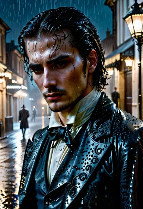 a handsome gothic man stands alone in the rain at night in a dynamic pose. his expression is sorrowful, his eyes reflecting deep...