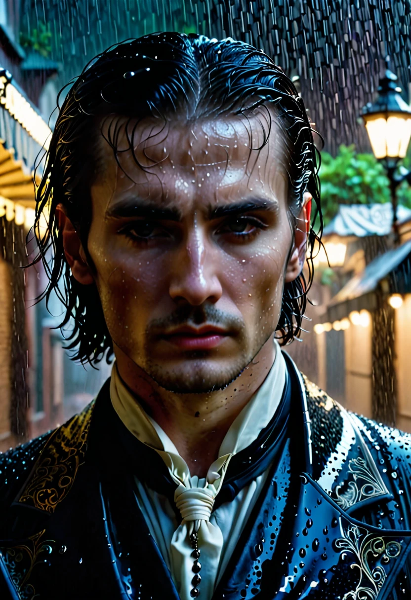 
A Handsome gothic man stands alone in the rain at night in a dynamic pose. His expression is sorrowful, his eyes reflecting deep sadness. The scene is dark and moody, with rain droplets softly blurred in the background. His pale skin contrasts sharply with his long dark, wet hair that clings to his face. he's wearing a 18th century black suit with intricate patterns. The focus is sharply on his face, capturing the intricate details of his melancholic expression, while the background remains out of focus, enhancing the sense of isolation and depth. The soft glow of distant streetlights barely illuminates him, adding a mysterious and ethereal atmosphere to the scene.