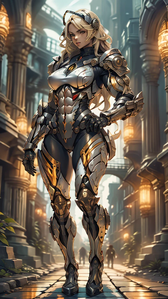 score_9, score_8_up, score_7_up, score_6_up, score_5_up, score_4_up, (1girl), solo, insect-like antennae, medium breasts, athletic, view of full body, alien armor, bionic hands, beautiful, female, long hair, vector, cute, natural light, long blonde hair, muscular, holding revolvers