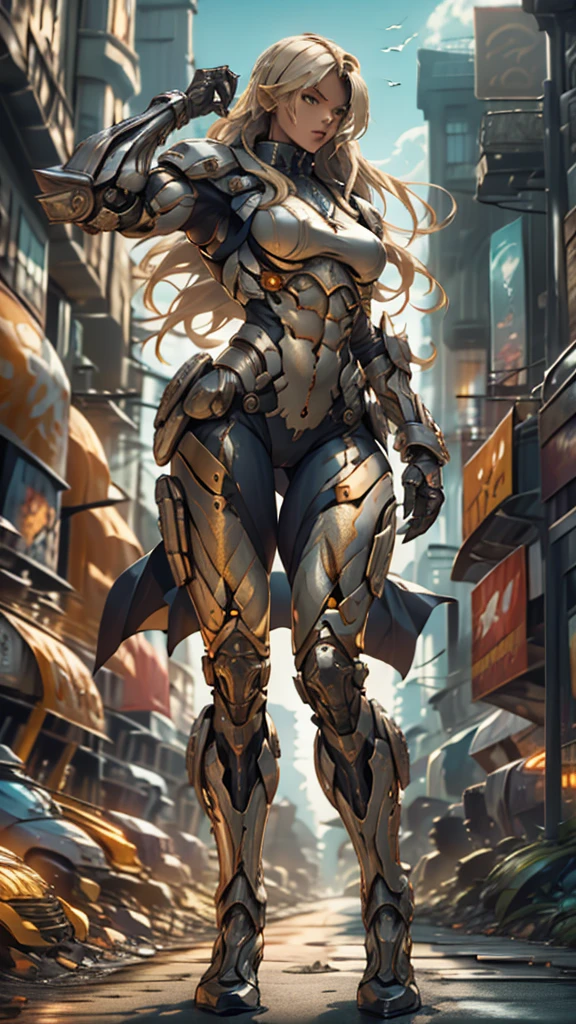 score_9, score_8_up, score_7_up, score_6_up, score_5_up, score_4_up, (1girl), solo, insect-like antennae, medium breasts, athletic, view of full body, alien armor, bionic hands, beautiful, female, long hair, vector, cute, natural light, long blonde hair, muscular, holding revolvers