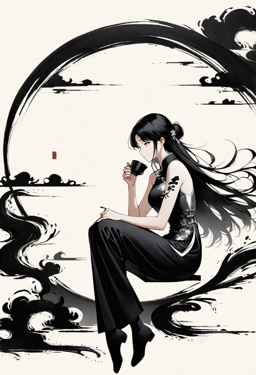 Artistic ink painting，Three-dimensional ink painting，Minimalism，Minimalist graphicinimal Art，Girl drinking tea，whole body，Chinese style，antiquity，Ink Painting，cheongsam，Black long hair，Black and white background，Ancient Style White Space，White Space，Large White Space，Texture Matte，Low saturation，Minimalist composition，Master composition