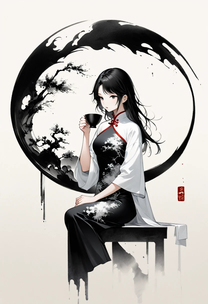 Artistic ink painting，Three-dimensional ink painting，Minimalism，Minimalist graphicinimal Art，Girl drinking tea，whole body，Chinese style，antiquity，Ink Painting，cheongsam，Black long hair，Black and white background，Ancient Style White Space，White Space，Large White Space，Texture Matte，Low saturation，Minimalist composition，Master composition