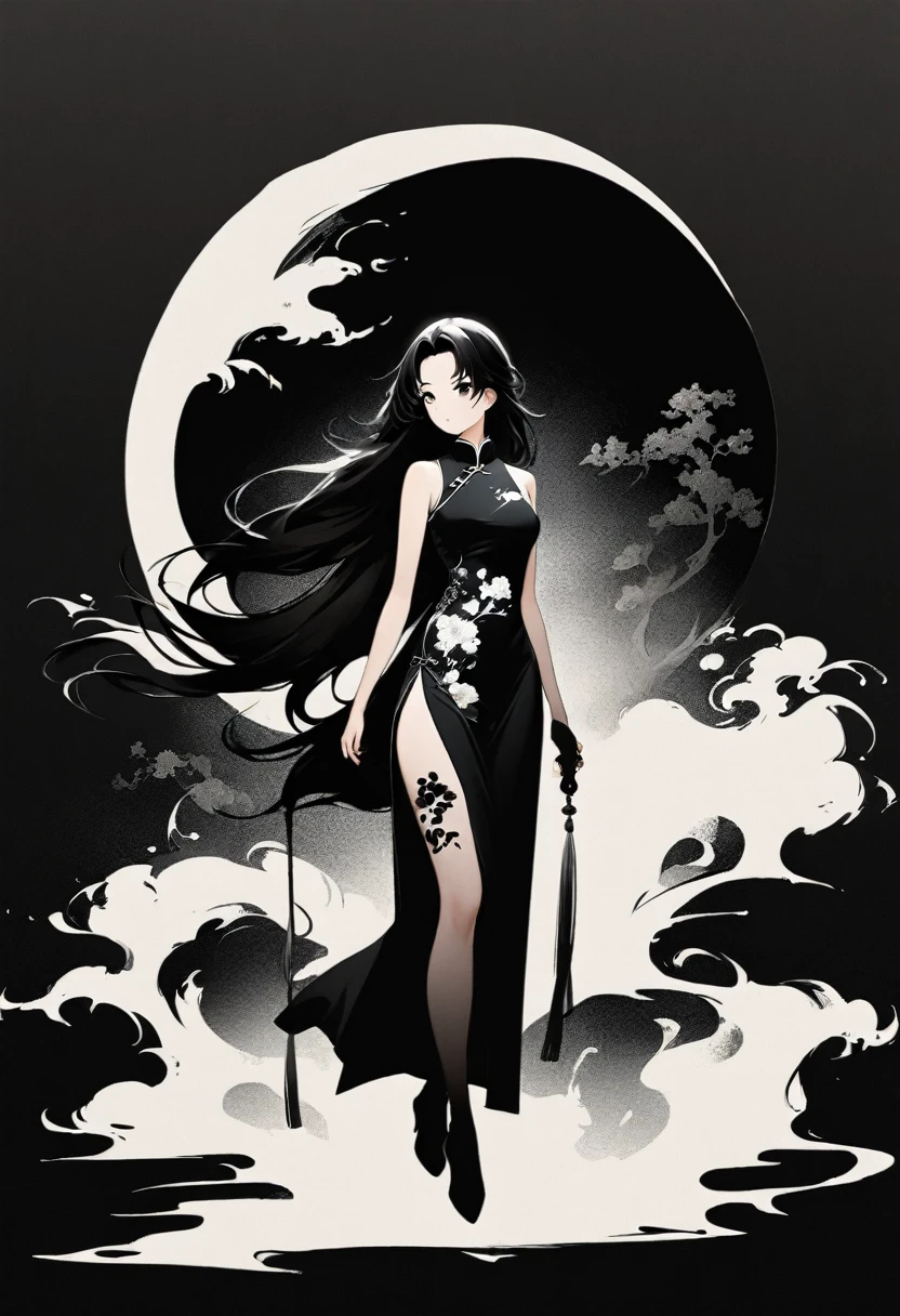 Artistic ink painting，Three-dimensional ink painting，Minimalism，Minimalist graphicinimal Art，Chinese anime girls，whole body，Chinese style，antiquity，Ink Painting，cheongsam，Black long hair，Black and white background，Ancient Style White Space，White Space，Large White Space，Texture Matte，Low saturation，Minimalist composition，Master composition