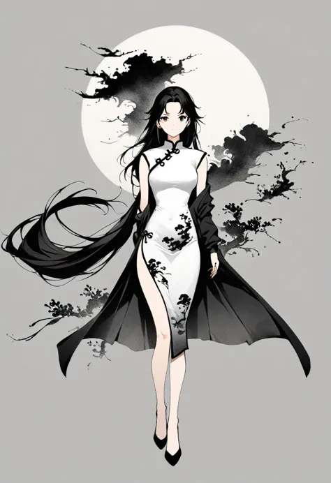 Artistic ink painting，Three-dimensional ink painting，Minimalism，Minimalist graphics，Minimal Art，Chinese anime girls，whole body，C...