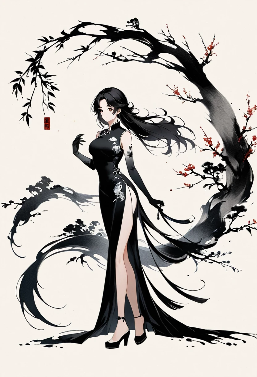 Artistic ink painting，Three-dimensional ink painting，Minimalism，Minimalist graphics，Minimal Art，Chinese anime girls，whole body，Chinese style，antiquity，Ink Painting，cheongsam，Black long hair，Black and white background，古韵White Space，White Space，大面积White Space，Texture Matte，Low saturation，Minimalist composition，Master composition