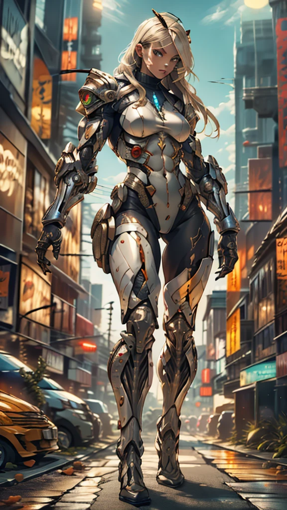 score_9, score_8_up, score_7_up, score_6_up, score_5_up, score_4_up, (1girl), solo, ((insect-like antennae)), medium breasts, athletic, view of full body, alien armor, bionic hands, beautiful, female, vector, cute, natural light, long blonde hair, muscular, (holding a revolver in each hand)