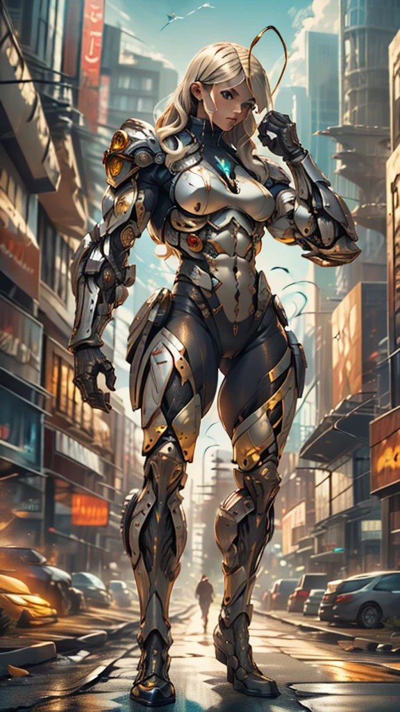 score_9, score_8_up, score_7_up, score_6_up, score_5_up, score_4_up, (1girl), solo, ((insect-like antennae)), medium breasts, athletic, view of full body, alien armor, bionic hands, beautiful, female, vector, cute, natural light, long blonde hair, muscular, (holding a revolver in each hand)