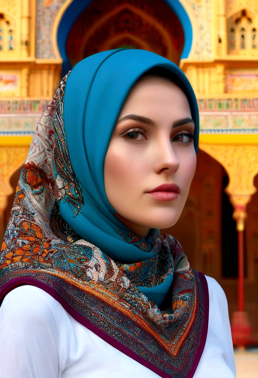 stunning detailed portrait of a woman wearing a headscarf, beautiful intricate hijab, serene expression, standing in front of a towering Iranian mullah figure, dramatic architectural backdrop, ornate traditional Iranian architecture, warm light, vibrant colors, cinematic composition, photorealistic, masterpiece, (best quality,8k,hyperrealistic,ultra-detailed:1.2),(realistic,photo-realistic:1.4),award winning portrait photography