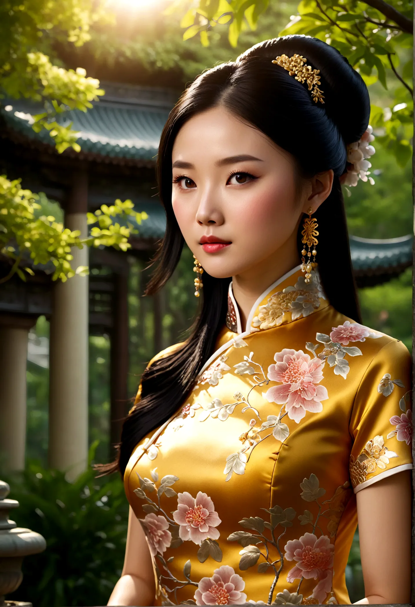 1girl, Cheongsam, Qipao, A woman wearing a beautiful gold cheongsam, long black hair, elegant, graceful pose, detailed facial fe...